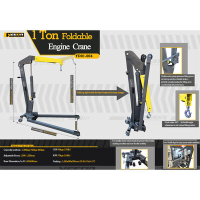 Foldable 1 Ton Capacity Engine Crane with Adjustable Boom for Garage and Shop Use