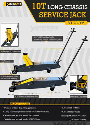10T Capacity Long Chassis Service Jack with 61" Chassis and 5" Reinforced Steel Wheels